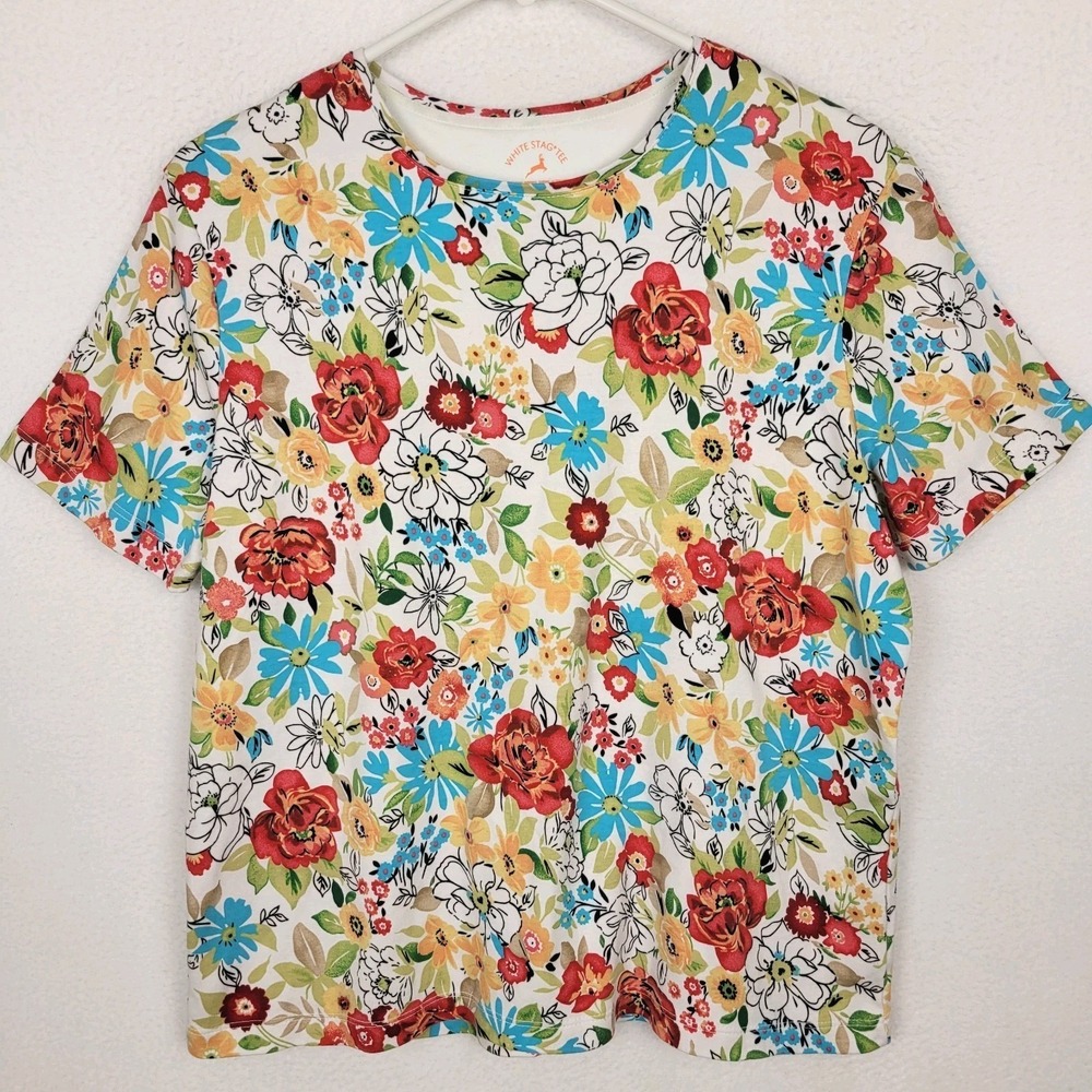 White Stag Floral Top Large Cotton Casual Summer Botanical‎ Dopamine Dressing